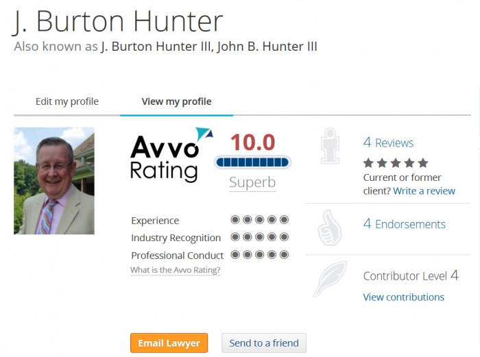 J. Burton Hunter III Avvo.com rating.